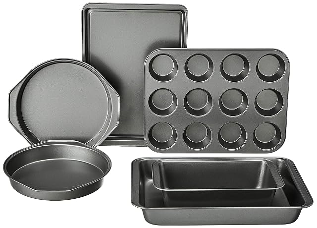 Amazon Basics six piece nonstick carbon steel bakeware set with cake loaf and muffin pans