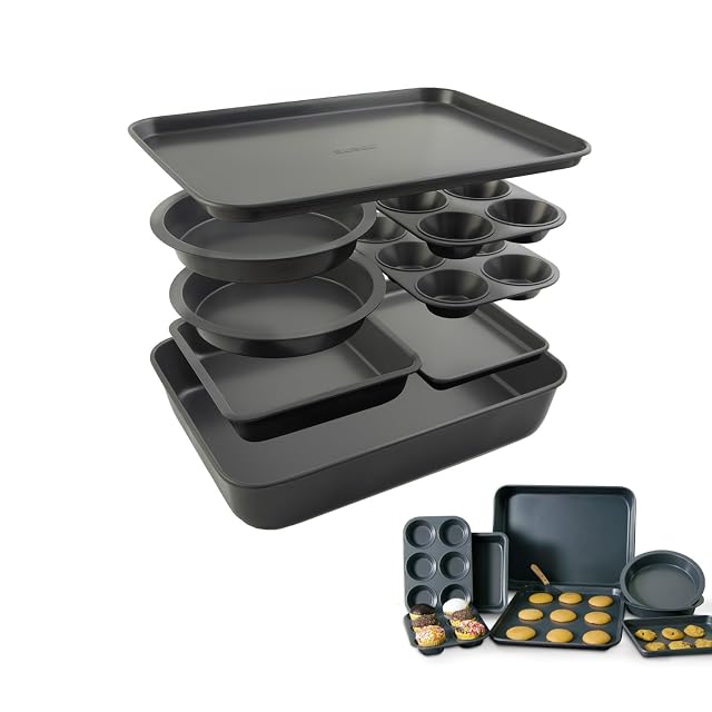 Elbee Home eight piece nesting nonstick bakeware set with cookie sheets and tins