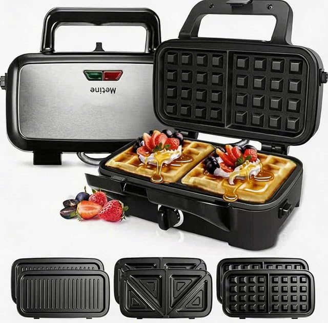 Metine 3-in-1 waffle sandwich and pancake maker with removable nonstick plates