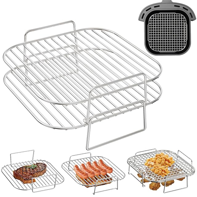 Two stackable stainless steel grill racks for air fryer baskets