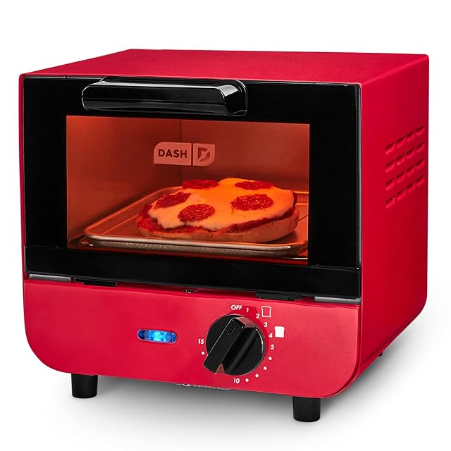 Dash mini toaster oven in red with adjustable timer dial and clear view door