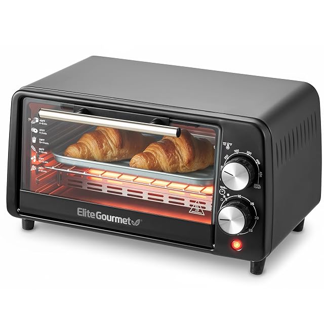 Elite Gourmet ETO449X 9.5 quart toaster oven in black with tempered glass door