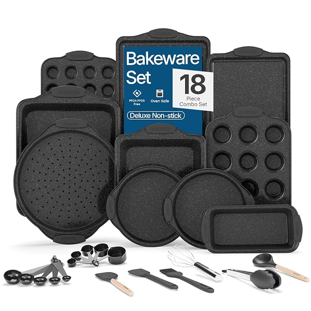 BAKKENMASTER 18 piece gray marble carbon steel baking set with silicone handles
