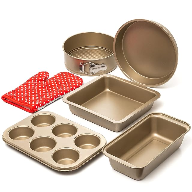 Moss & Stone five piece carbon steel non-stick baking pan set with red oven glove