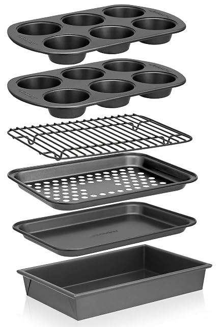 NutriChef six piece gray toaster oven bakeware set with muffin pans and rack
