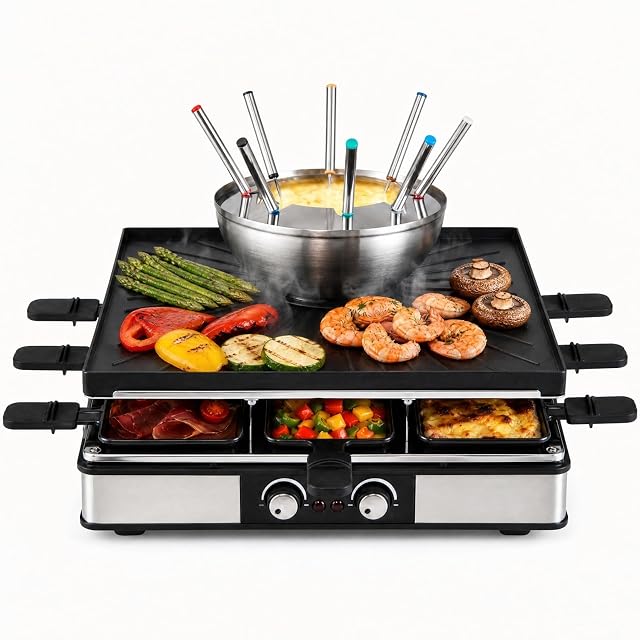 ARLIME raclette table grill for 8 people with fondue pot and mini grill pans