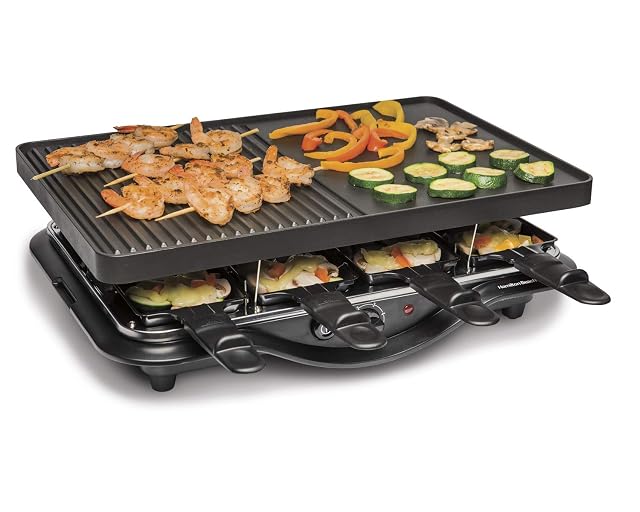 Hamilton Beach electric indoor raclette grill with eight warming trays