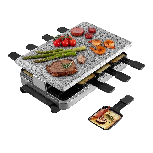 Swissmar Stelvio 8-person raclette party grill in brushed stainless steel with granite stone