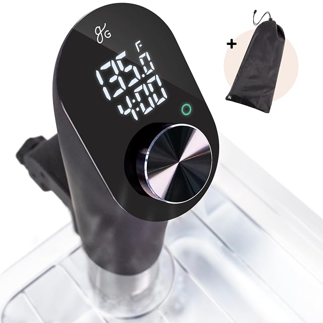 Greater Goods sous vide cooker onyx black with single dial and angled LED display