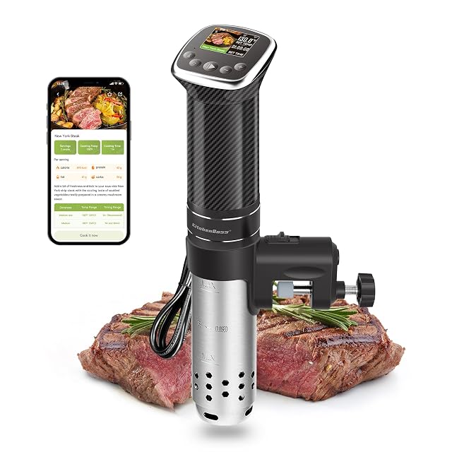 KitchenBoss G322PT WiFi sous vide cooker with carbon fiber pattern and TFT display