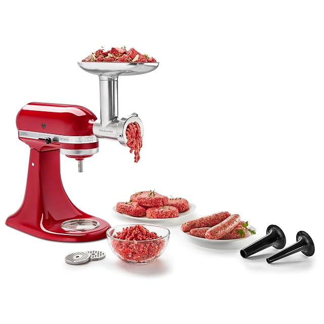 KitchenAid KSMMGA metal food grinder attachment with grinding plates and sausage tubes