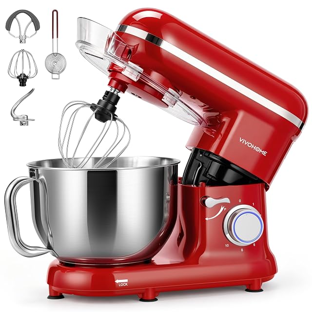 VIVOHOME 6 quart tilt-head stand mixer in red with bowl and attachments