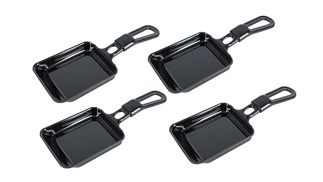 Set of four Steba 380005 enamelled black steel raclette pans with black handles
