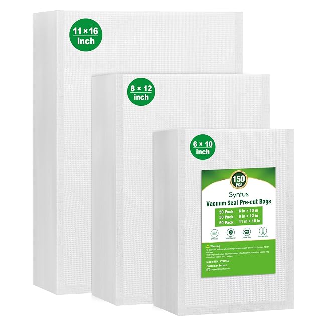 Syntus 150 piece pre-cut vacuum sealer bags in three sizes for food storage