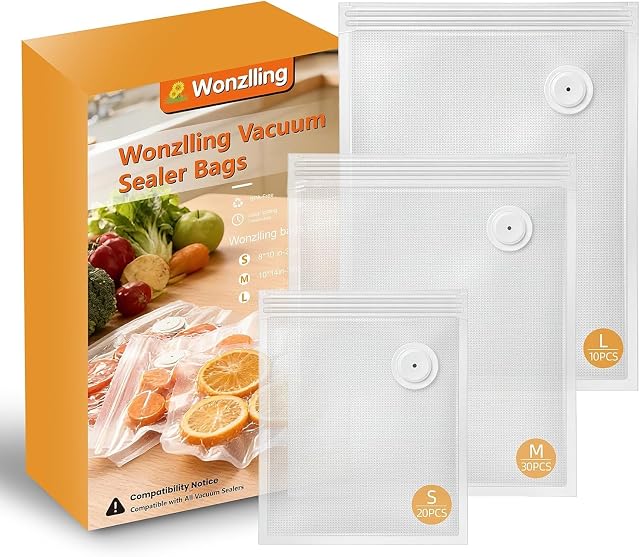 Wonzlling reusable vacuum sealer zipper bags with air valve in three sizes